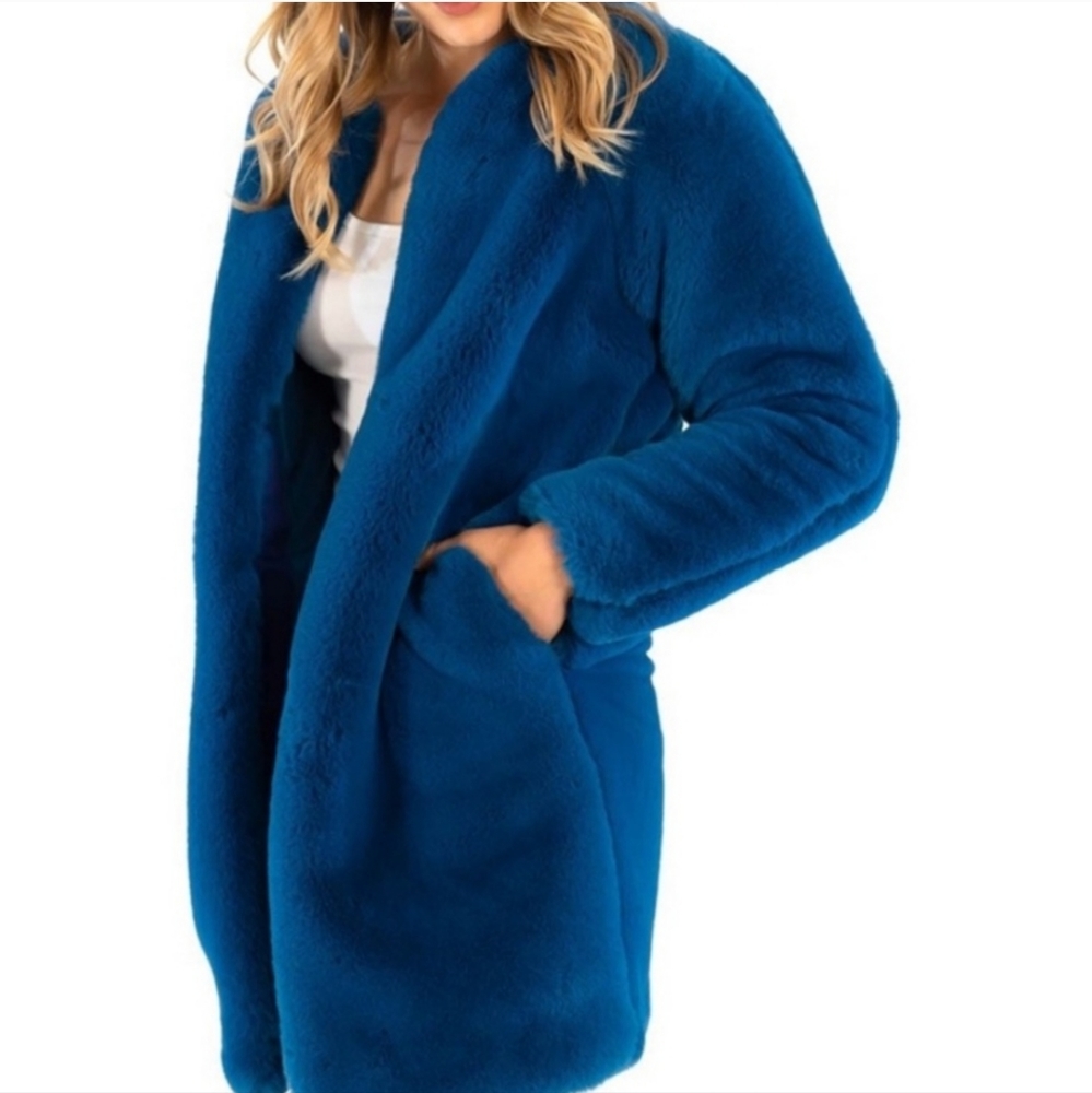 Kut From The Kloth Midnight Blue Faux Fur Midi coat Size Small  NWT - Picture 3 of 15